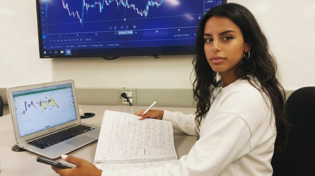 Carmen analizando los gráficos del mercado
